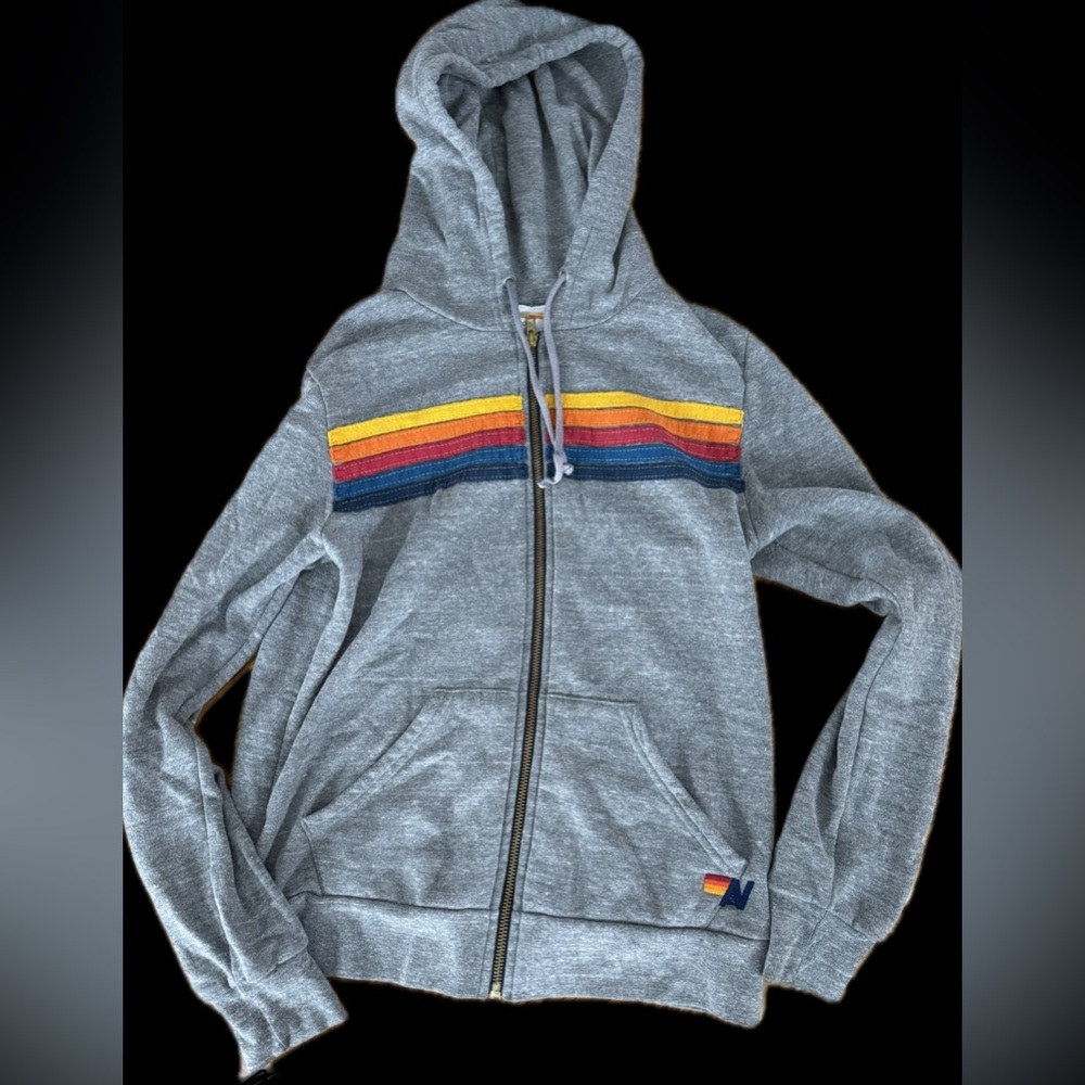Aviator Nation Gray Hoodie with Rainbow Stripes